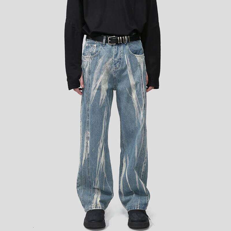 IEFB Korean Style Men's Denim Pants Tie Dye Washing New Contrast Color Casual Trousers Wide Leg Loose Male Jeans Summer 9W2482