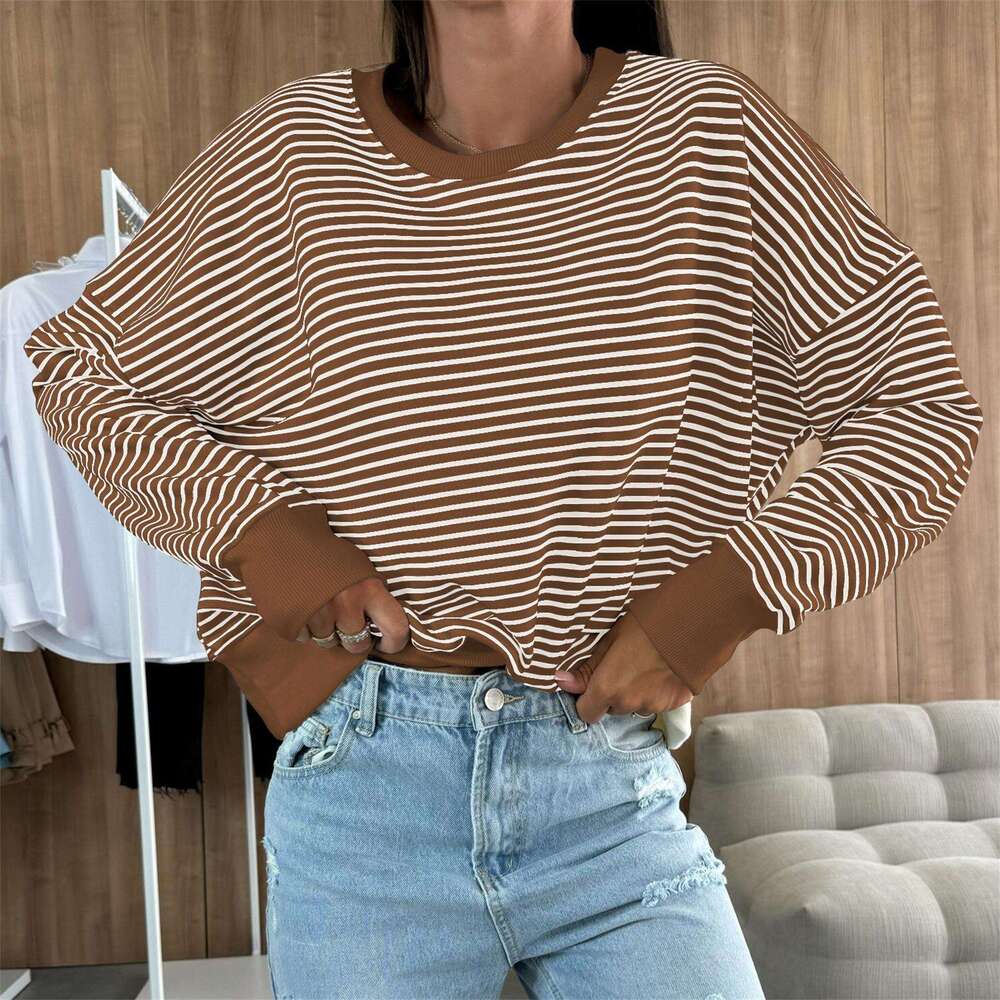 Women's Sweatshirt Early Autumn 2025 New American Style Loose Design Striped Top Round Neck Pullover Long Sleeve T-Shirt Trend