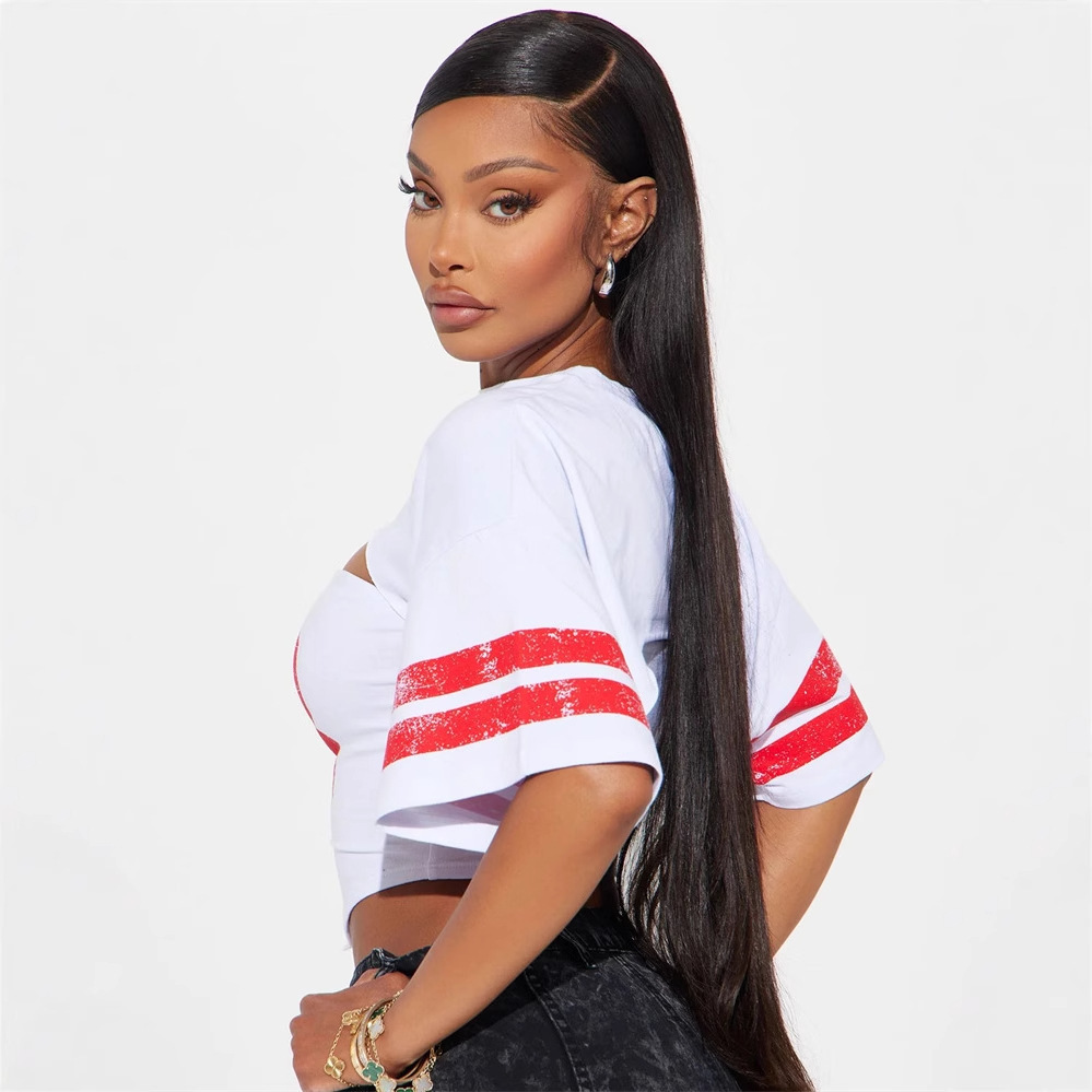Designer T Shirt Autumn New Cross Border Casual Loose Sports Style Printed Tube Top Hot Girl Pullover Short Sleeve Top T Shirt For Women Essentials Su