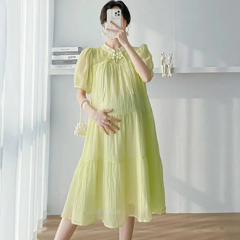 Korean Style Loose Maternity Chinese Cheongsam Puff Sleeve Sweeet Pregnant Women Chiffon Dress Pregnancy Soft and Light Clothes 250530
