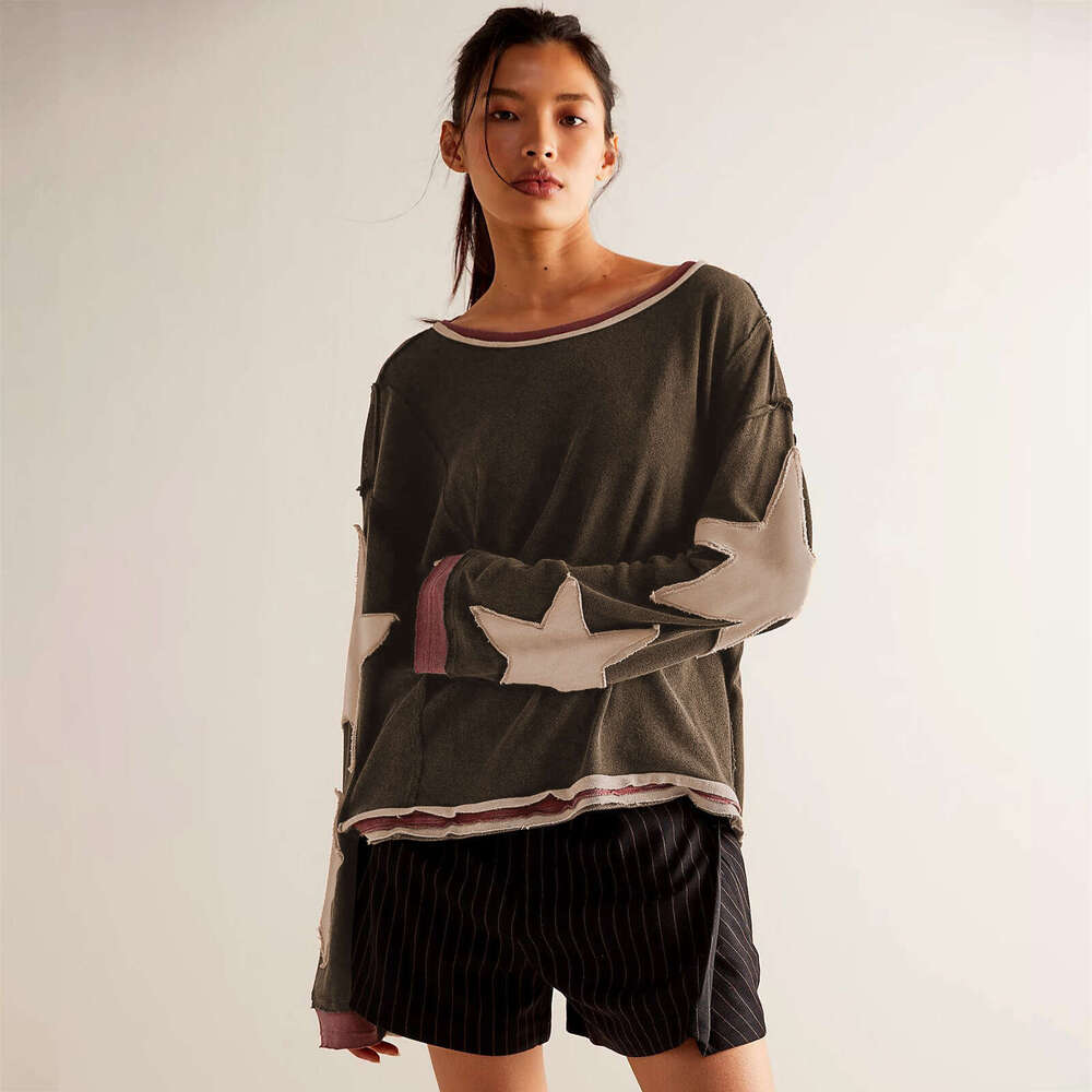 2025 Autumn Color Block Women's Fashion Long Sleeve Top Drop Shoulder Round Neck Star Decorated Line Sweatshirt