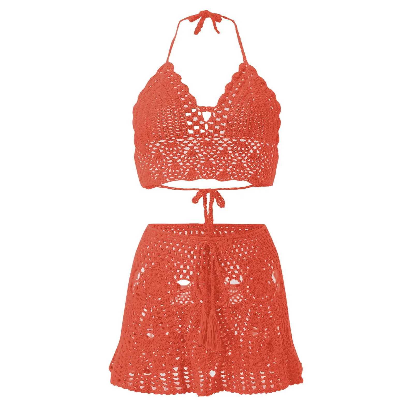 Boho Sexy Bikinis Sets Womens Crocheted Hollowed Out Two Piece Summer Bikini Beach Wear Halter Neck Bikini Bathing BottomsT250602
