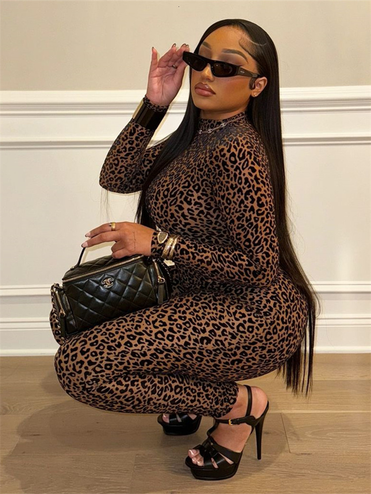 Designer T Shirt Autumn New European And American Fashion Versatile Stretch Slim Sexy Leopard Print Long Sleeve Jumpsuit For Women Essentials Summer D