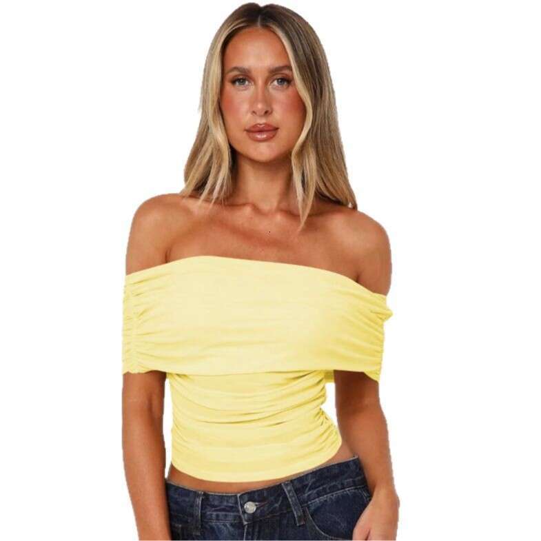 Sexy Women's Lightweight Mesh Off-Shoulder Short Sleeve T-Shirt Early Spring New Sheer Design Sense Tube Top 1062
