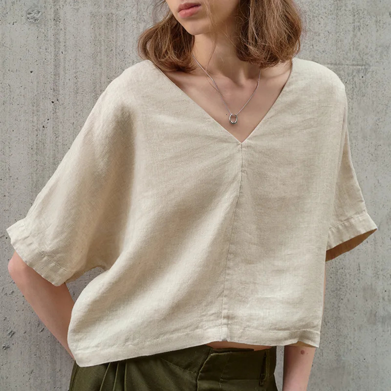100% Linen V-Neck Backless Tops Women 2025 Casual Half Sleeve T-Shirt Solid Color Harajuku Loose Summer T-Shirt 250530