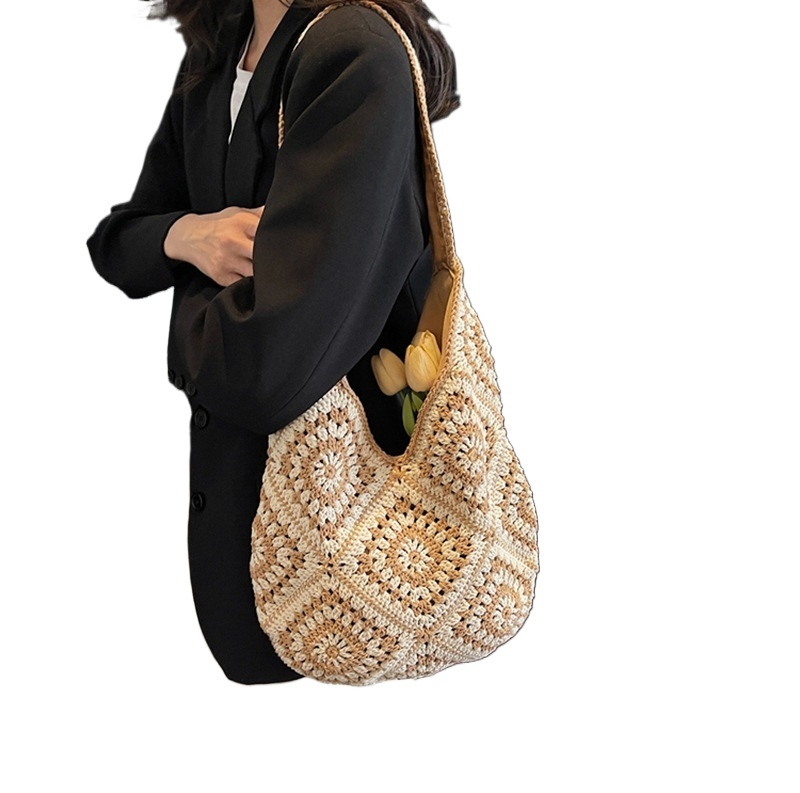 designer Handmade Cotton Yarn Crochet Hollow Sunflower Woven Bag Ethnic Style Large Capacity Tote Bag Straw Shoulder Crossbody Bag