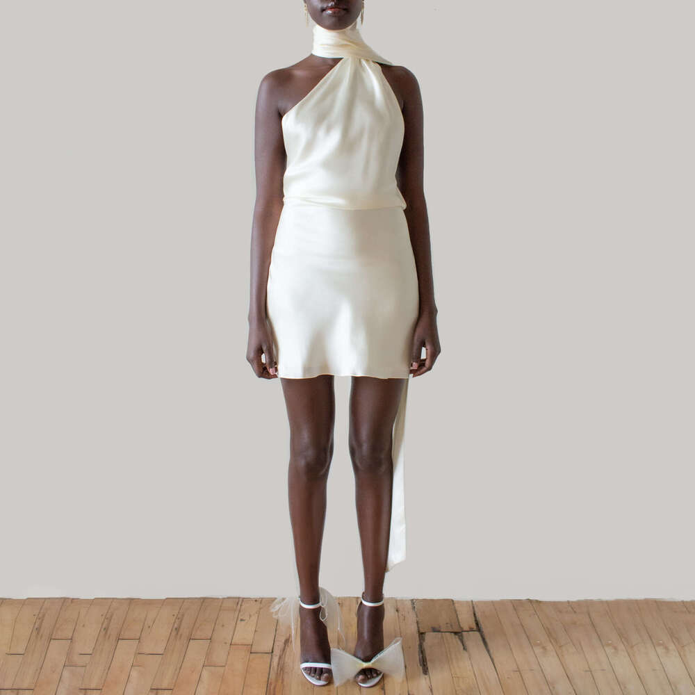 New European American with feminine feel, featuring a backless short skirt adjustable neck hanging satin dress This versatile and trendy new outfit fr