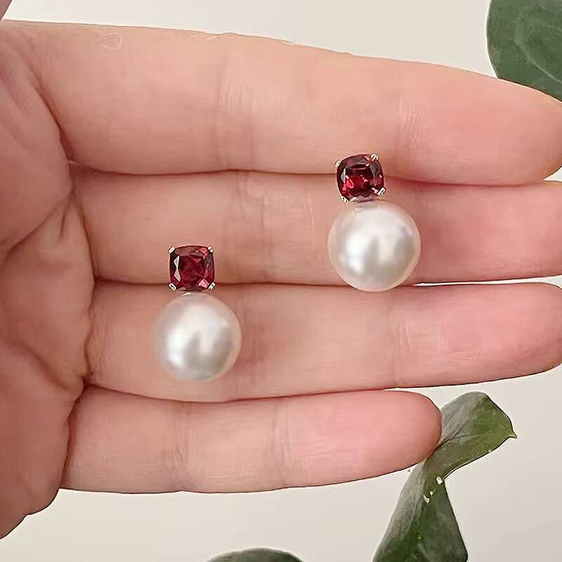 S925 Silver Pigeon Blood Moissanite Gemstone Stud Earrings 12mm Gold-Plated Pearl Cute Fashionable All-Match for Party Gifts