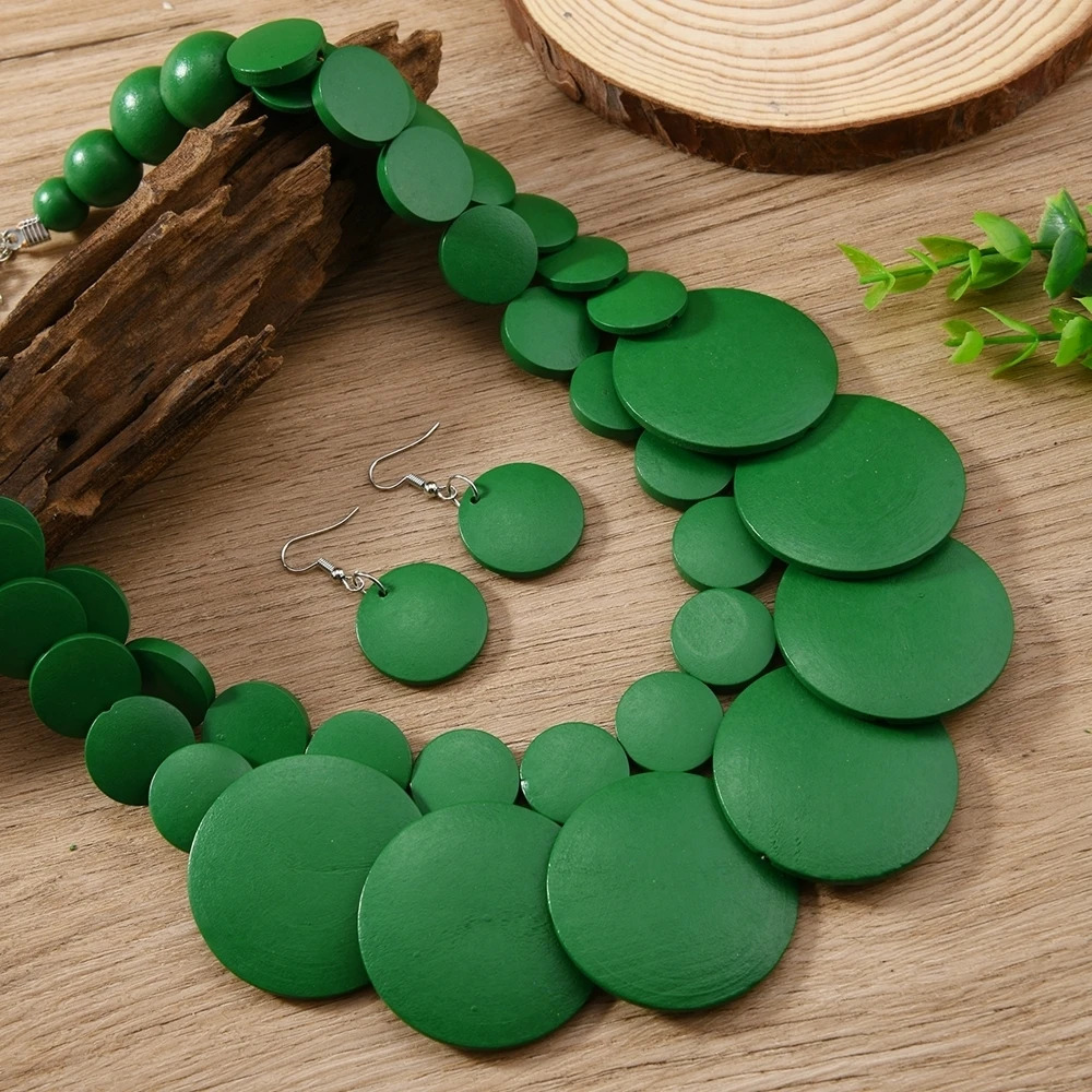 African Jewelry Bohemian Colored Geometric Round Wooden Beads Handmade Bead Necklace And Earrings Womens Party Accessories 250530