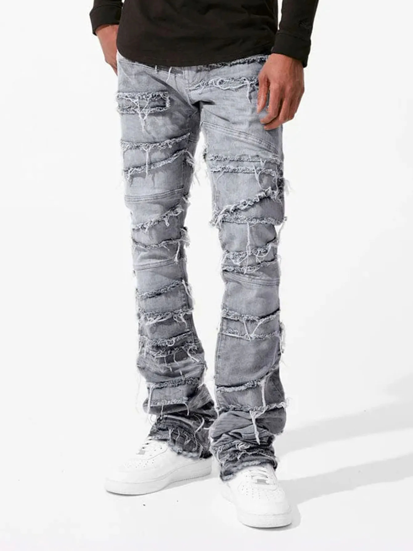 Stacked Jeans Men Patchworks Spliced Denim Ripped Wash Frayed Pants Males Streetwear Mens Tassel motorcycle jeans 250528
