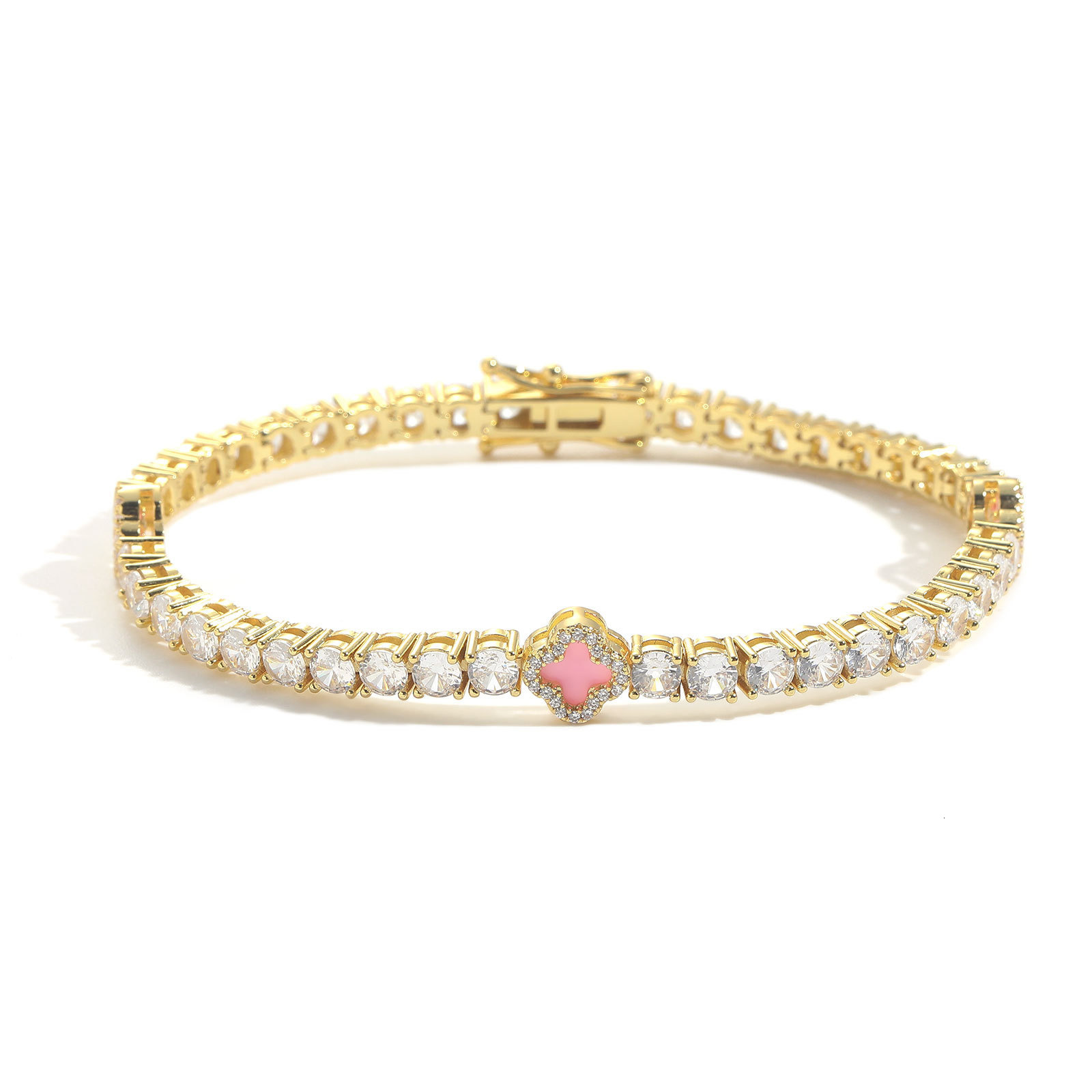 Ins Style Pink Clover Inlaid Diamond Tennis Chain Bracelet Exquisite High-end Clavicle Chain Accessory moissanite