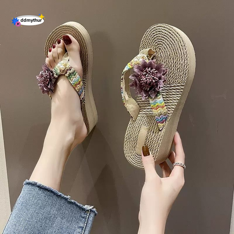 New Fairy Style Wedge Flip-Flops for Women Summer Fashion Straw Woven Flower Thick Sole Casual Pastoral Vacation Beach Sandals ddmythur