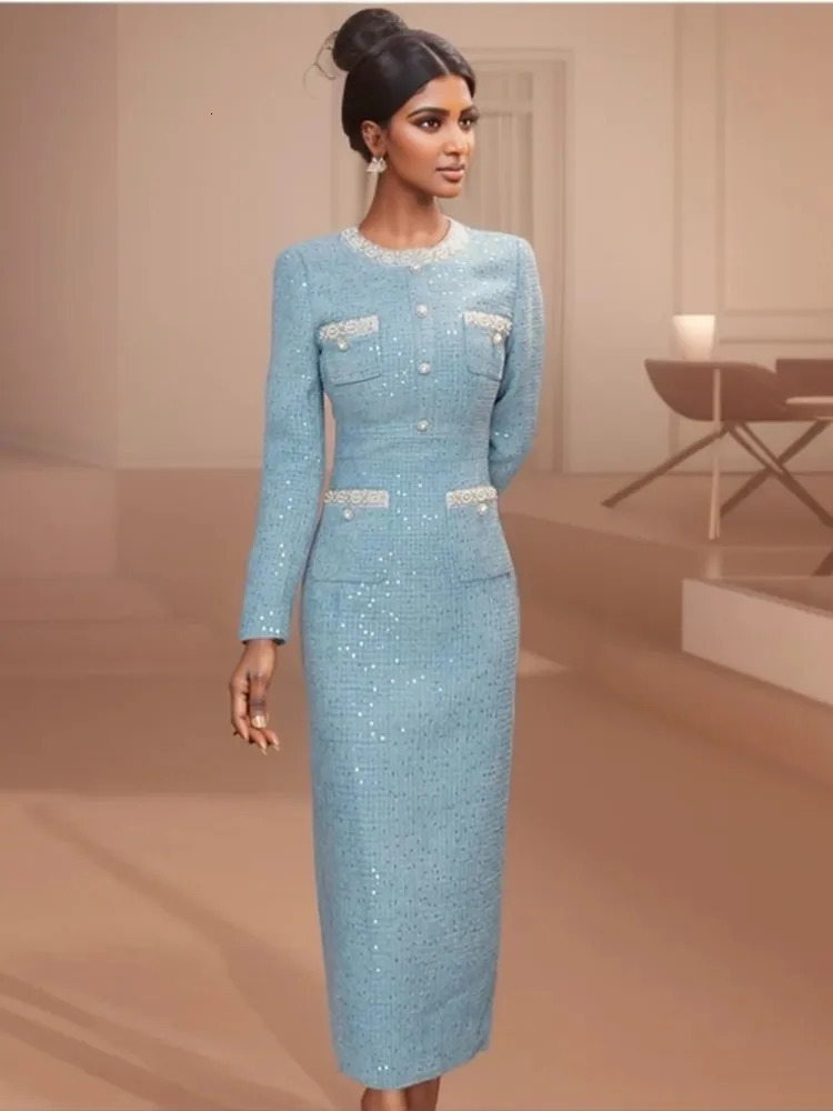 Blue Tweed Dress spring / autumn womens dress slim one-piece Ladies Classic base dress 250529