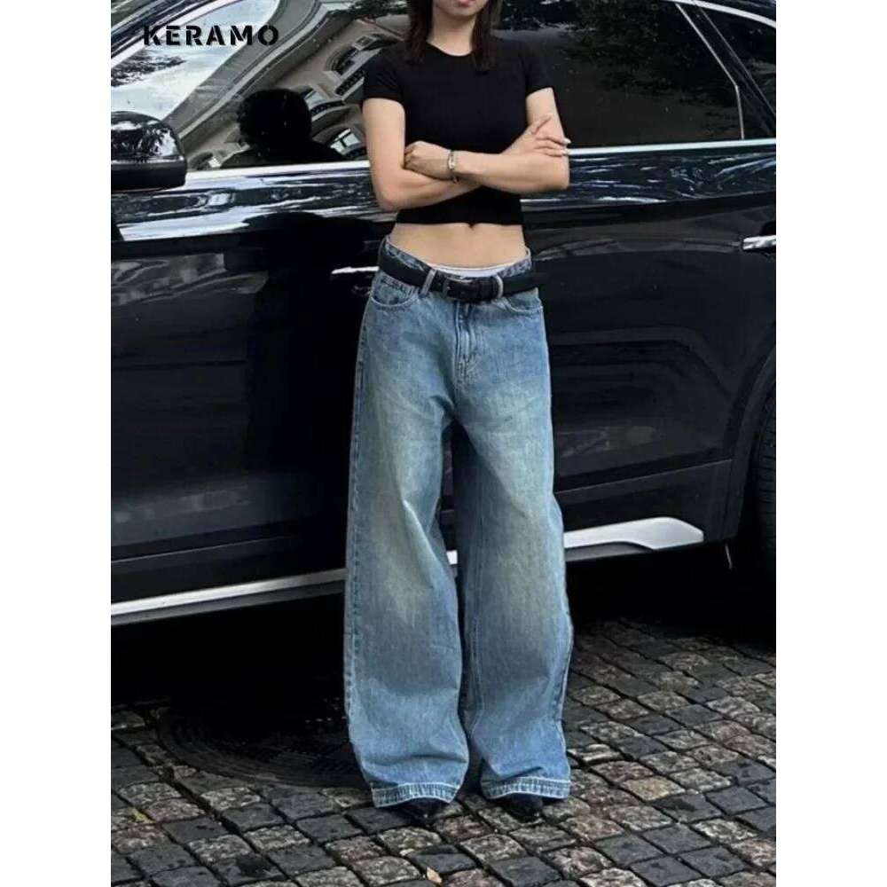 Coats Designer Women Vintage Aesthetic Emo Loose Washed Pants 2024 Summer Women's Casual Blue Haruku Jeans Y2k Wide Leg Punk Baggy Denim Trouser 