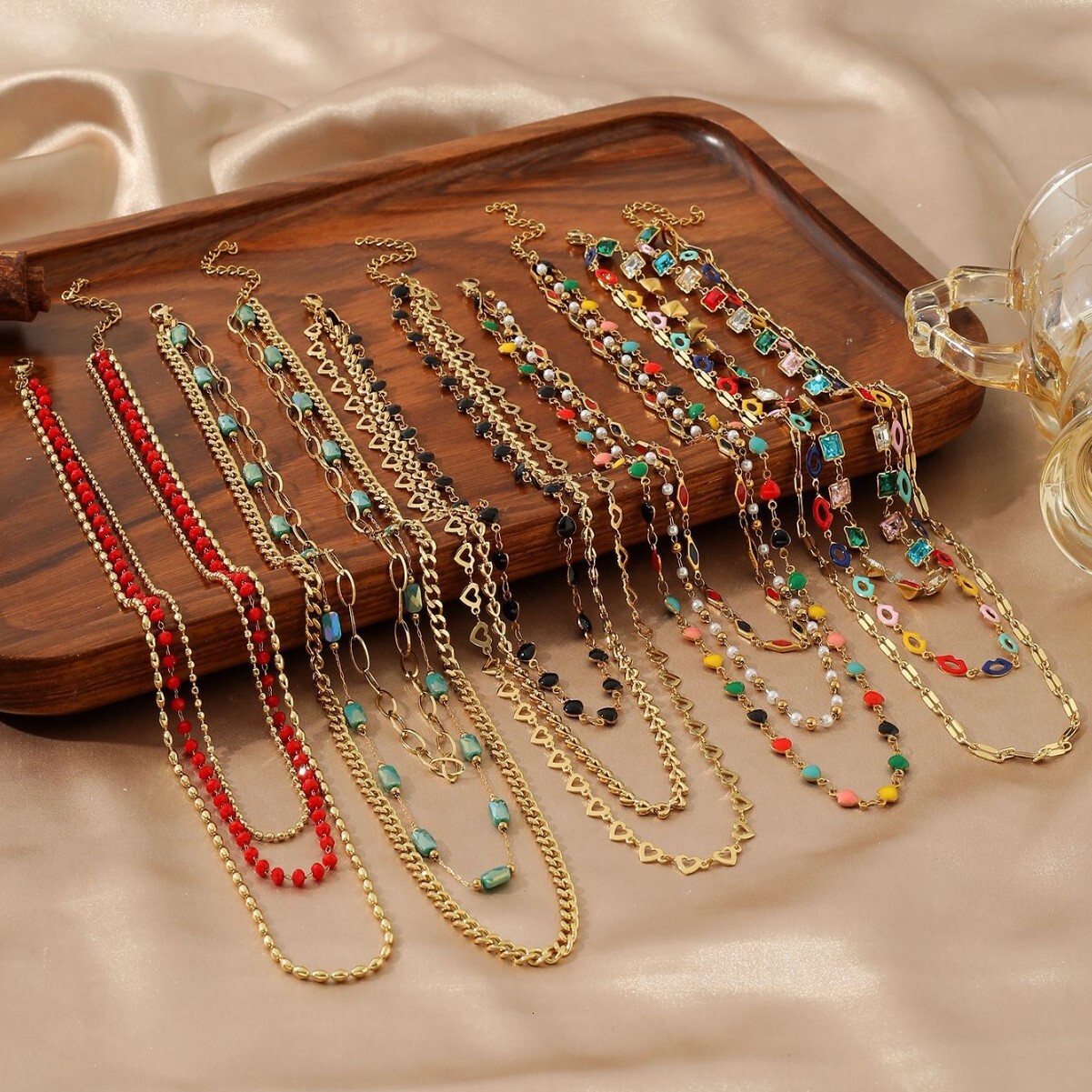 Hot Selling Jewelry Double Layer Fashion Ins Non-Fading Versatile Queen Necklace Glass Beads Exquisite Clavicle Choker