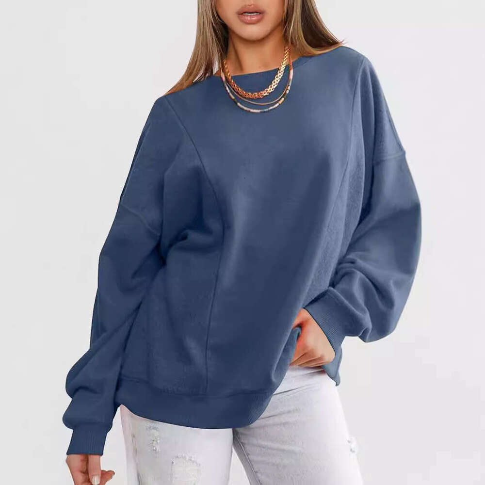 Decorative Line Solid Color Round Neck Loose Trendy Sweatshirt Pullover for Women in Autumn and Winter