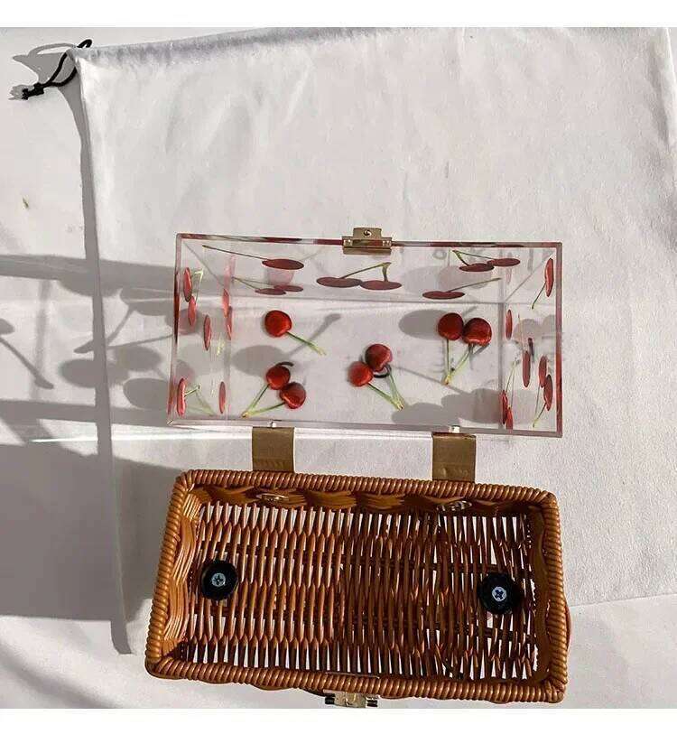 Summer Transparent Acrylic Box Printing Square Bag Bamboo Woven Handmade Handle Handbag Women Holiday Vacation