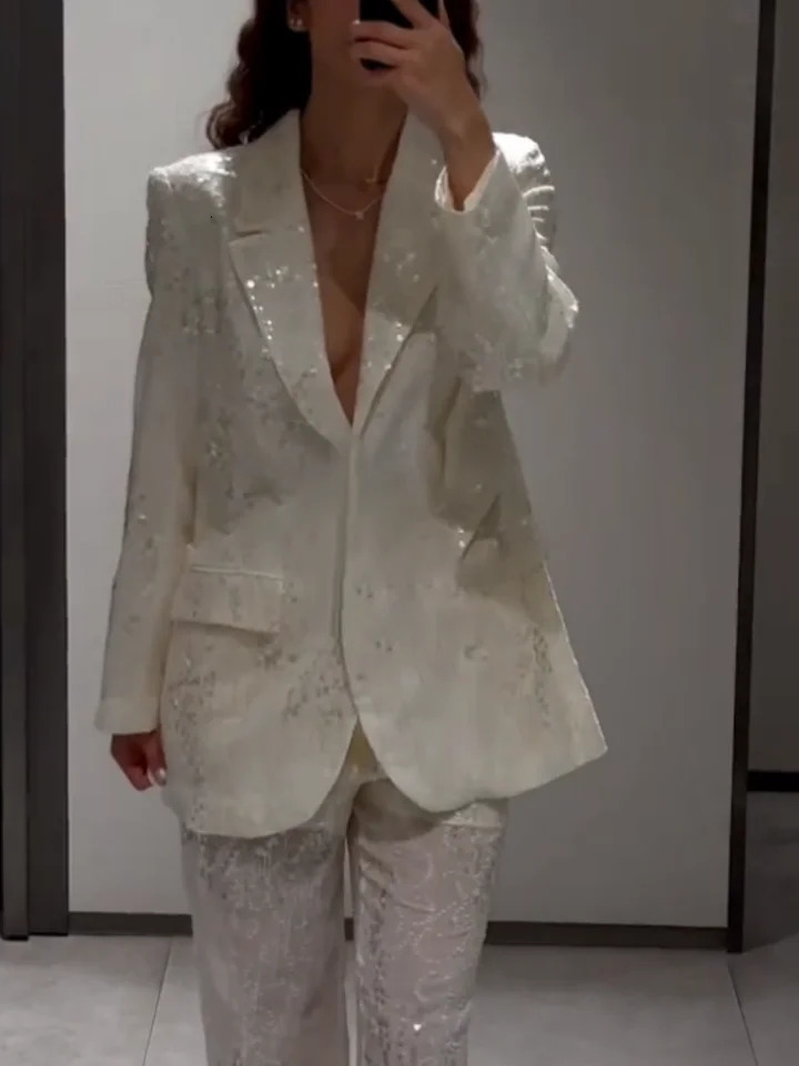 Sequin Waist Cinched Suit Coat Jacket Perspective Pants Set Silhouette Slimming Women Suits Outwear Top Trousers Formal Attire 250530