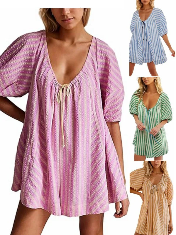 Explosive summer short sleeve striped jumpsuit slim casual loose deep V wide leg short jumpsuit 250528