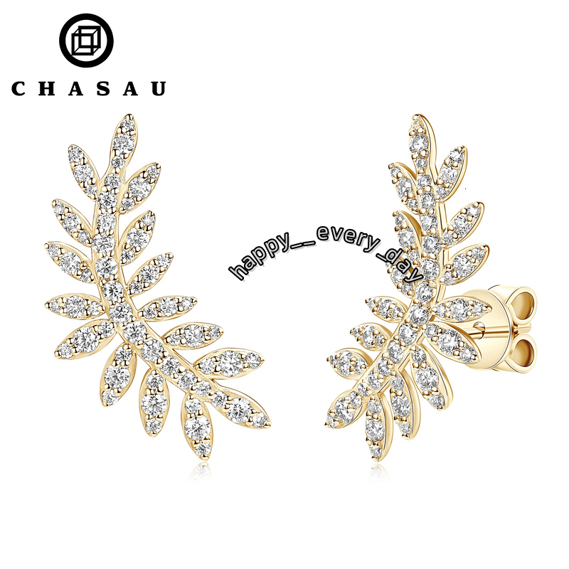 Exquisite Original Design 925 Sterling Silver Round Cut Moissanite Leaf-Shaped Climber Stud Earrings for Women Piercing Jewelry