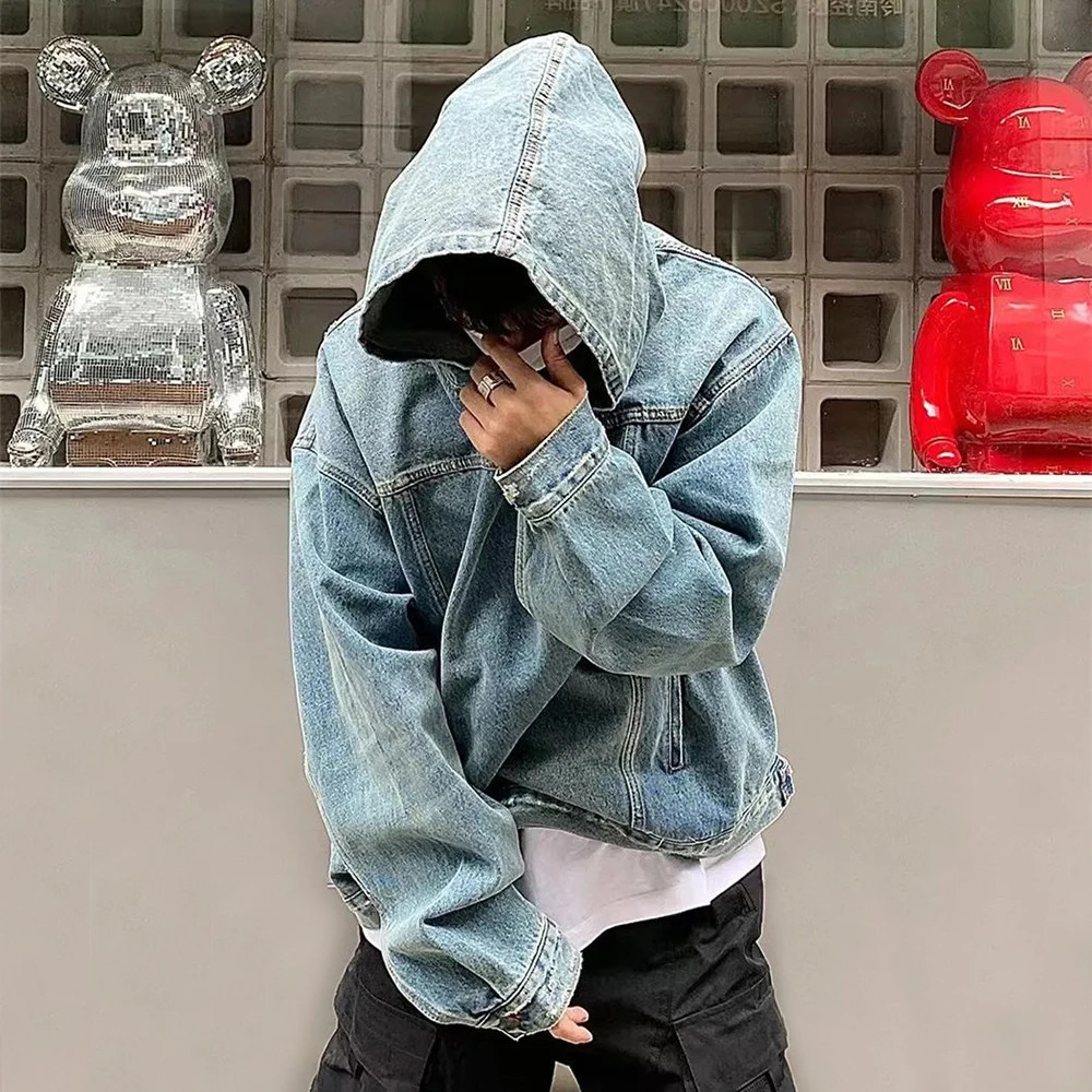 Mens Autumn Winter Fashion Denim Washed Distressed Retro Hoodie Genderless Street Fashion Casual Loose Denim Sweatshirt Unisex 250529