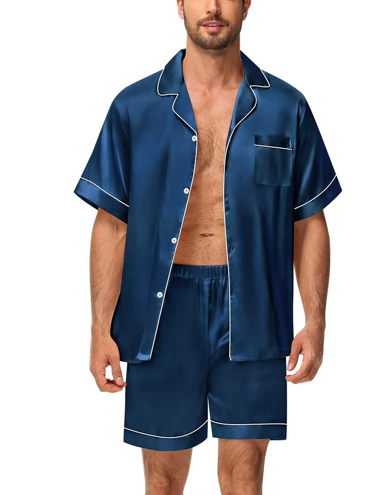 Mens Satin Pajama Set Solid Color Short Sleeve Lapel Top And Elastic Shorts Comfortable Fit Summer Loungewear Sleepwear 250526