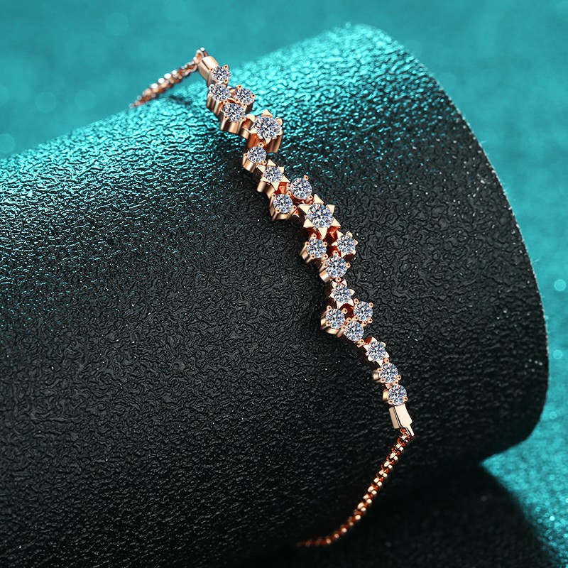 925 Sterling Silver Moissanite Champagne Gold Bracelet with Floral Design, Push Pull Clasp, Luxury Minimalist Fashion Jewelry