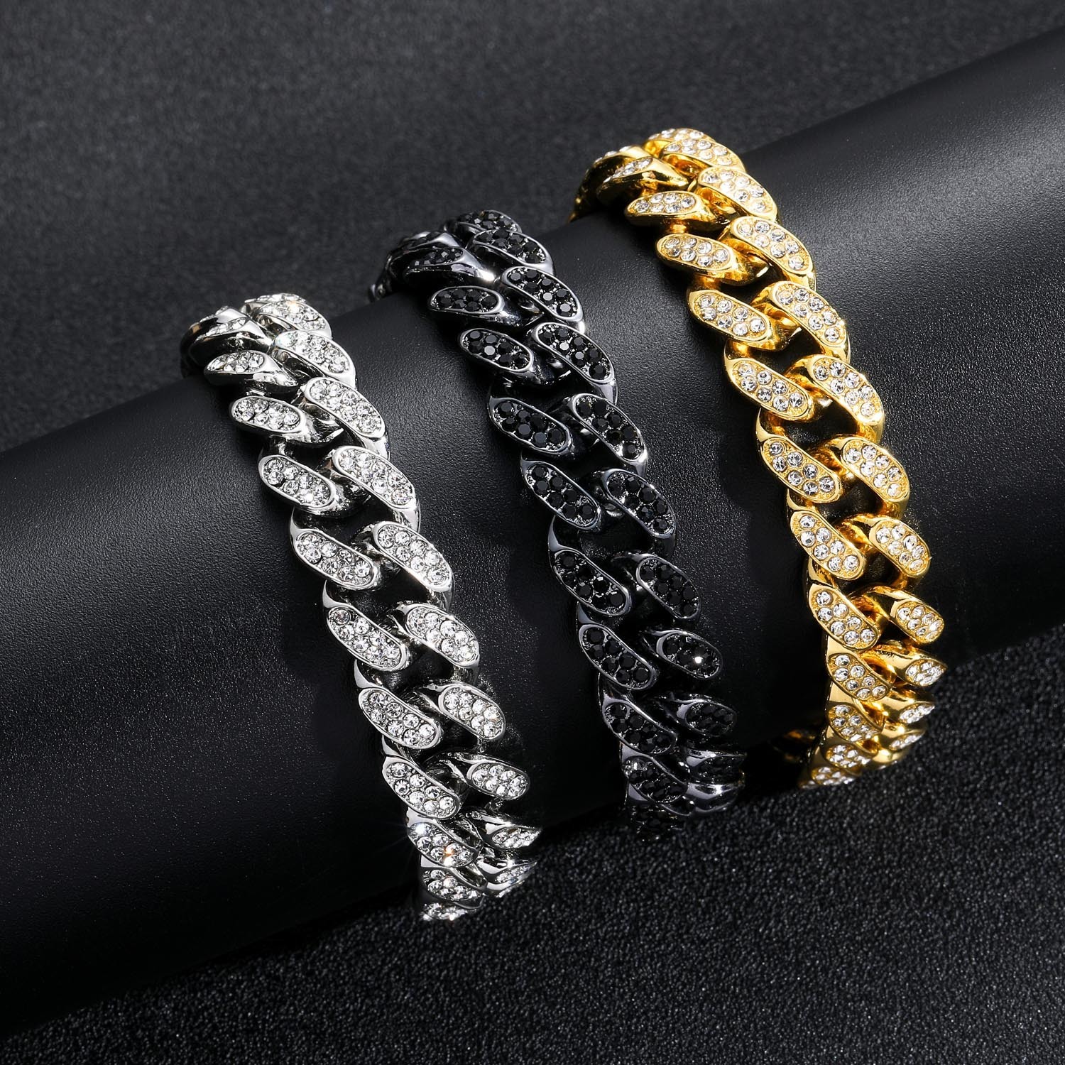 Bracelet Hip-Hop Men 13mm Black Diamond Cuban Chain Personality Trendy Men Moissanite Full Diamond Hip-Hop Bracelet moissanite