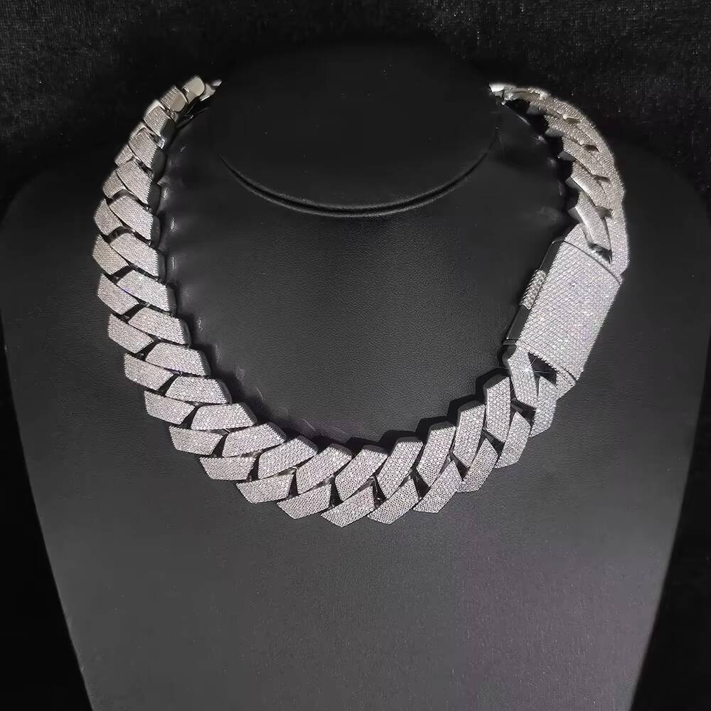 Fine Jewelry 25mm Brass Ice Fork Sier Plated 6-Row Cuban Chain Women's Hip Hop Necklace
