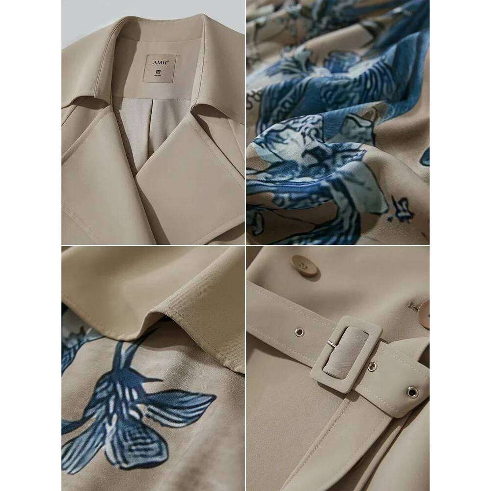 Amii Minimalist Spring Women's Clothing Long Belt Loose Printing Trench Coat Splicing Fashion Elegant Commuter Jacket 12551006