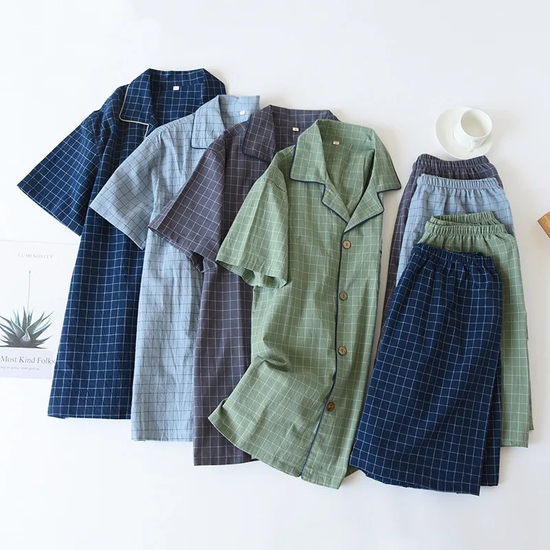 High Quality and Durable Men Cotton Pajama Set SingleLine Checkered Matching Loungewear Cardigan Shorts Sleepwear 250526