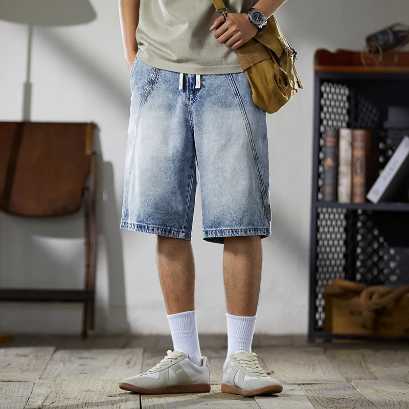 XY9940 Trendy casual American vintage denim shorts mens summer thin section personalized multi light blue five-minute pants 250530
