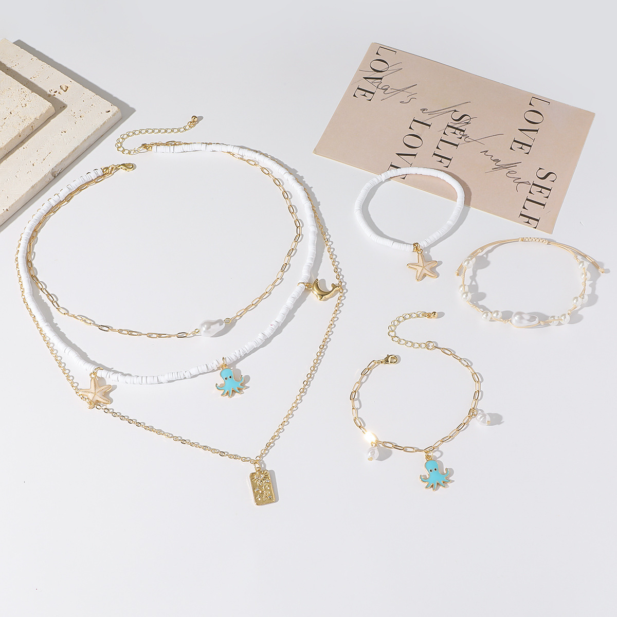 Multi layer starfish ocean series necklace, light , high-end feeling, pearl collarbone chain