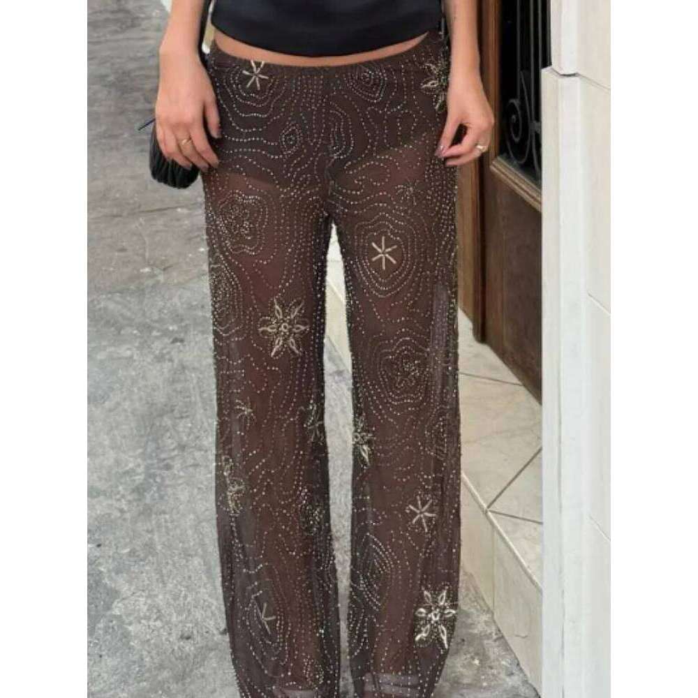 Summer Shiny Sequins Wide Leg Pants Women Elegant Loose Beading Snowflake See Through Trousers 2025 New Lady Holiday Outerwear