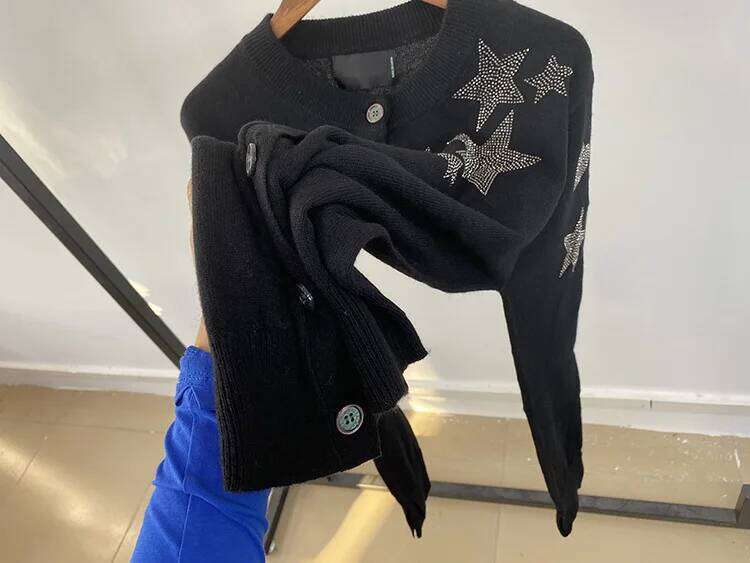 Star Heart Embellished Women Single Breated V-Neck Long Sleeve Wool Blend Cardigan Sweater Female Autumn Winter Clothes