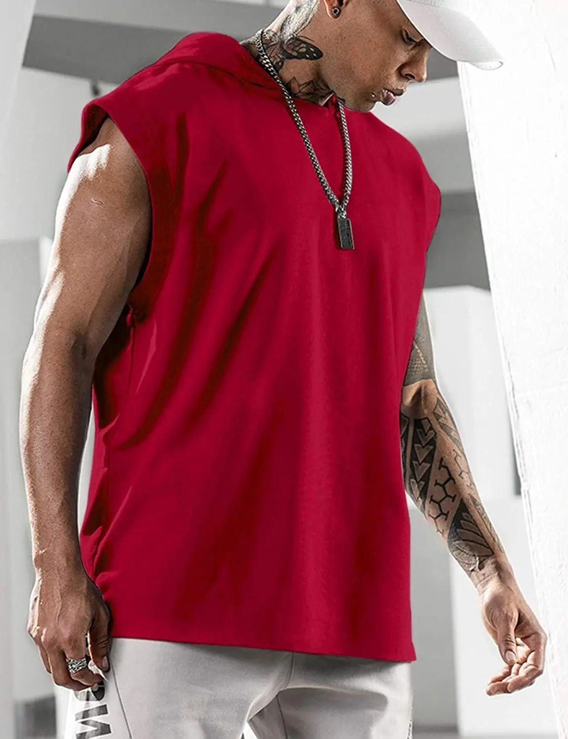 2025 Vest Hooded Solid Color Mens Casual Pullover Sports Tshirt Sleeveless Waistcoat Loose 250527