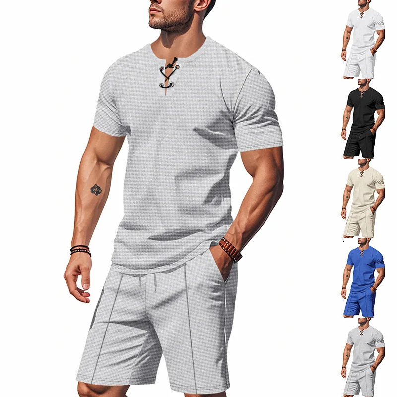 2025 Summer Simplicity Mens Suit Loose Walf Checks Fabric Breathable Comfort and Casual Short Sleeve Shorts TwoPiece 250530