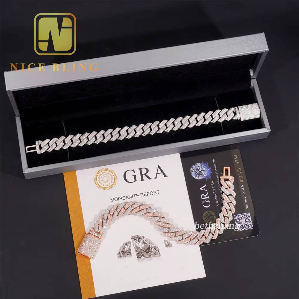 12.5mm Round Moissanite k Lab Dia Bracelet Sier Hip Hop Iced Out Jewelry Men Cuban Chain