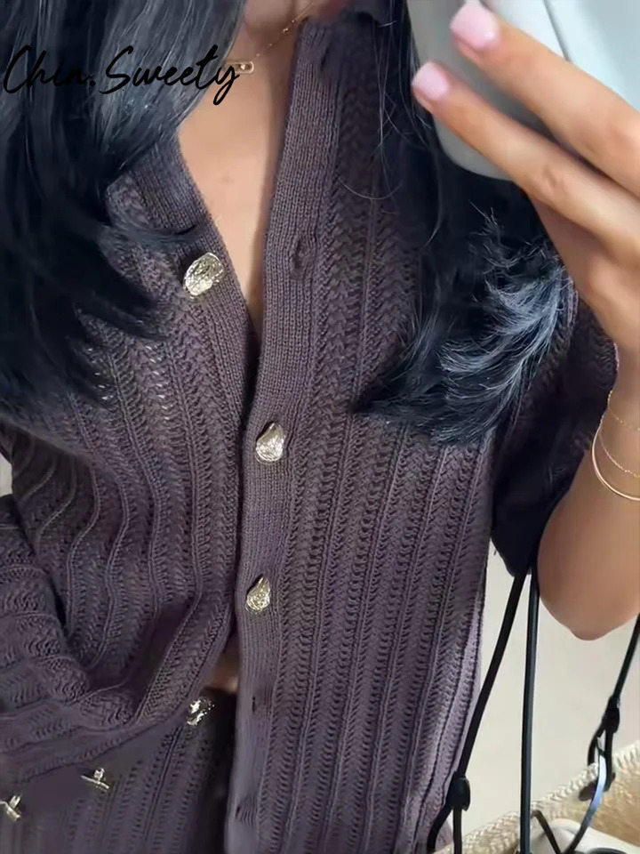 Vintage Brown Knit Cardigan Pants Women Outfit Button O-neck Short Sleeve Top Straight Trousers 2025 Summer Chic Lady Set 250530