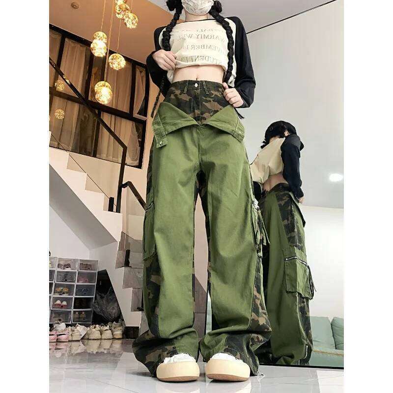 Green Camouflage Fake Two-Piece Spliced Spicy Girl American Retro Work Large Pocket Y2k Street Hip-Hop Straight Leg Pants