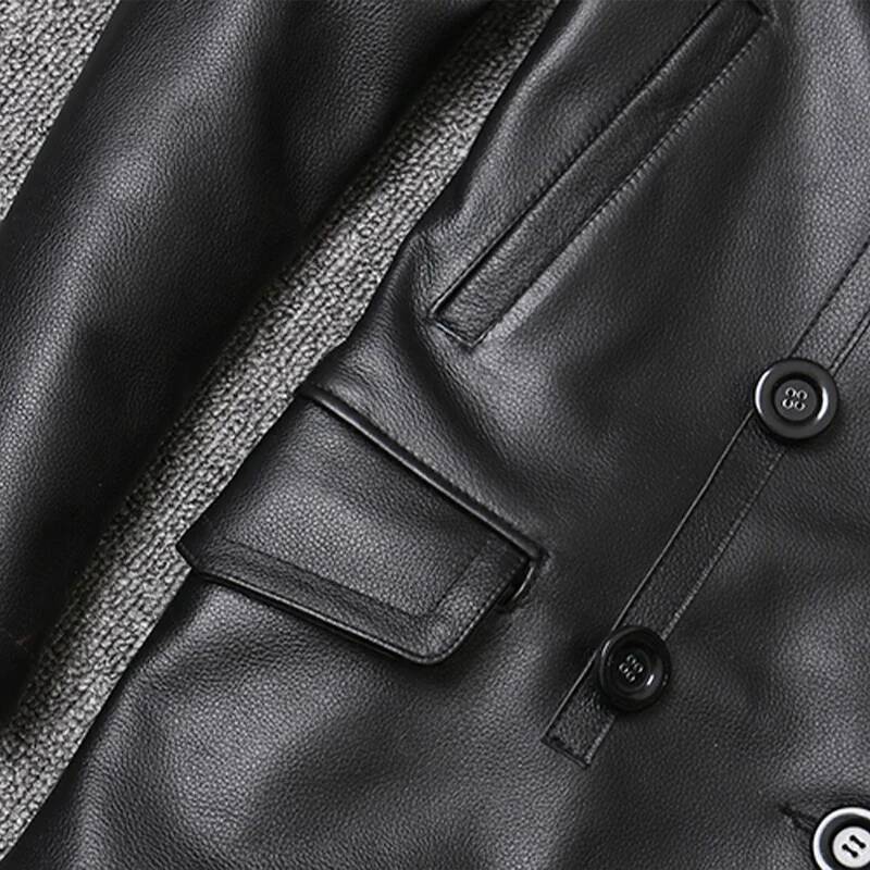 Genuine Leather Top Layer Cowhide Mid-Length Men's Lapel Windbreaker Slim-Fit Jacket Double-Breasted