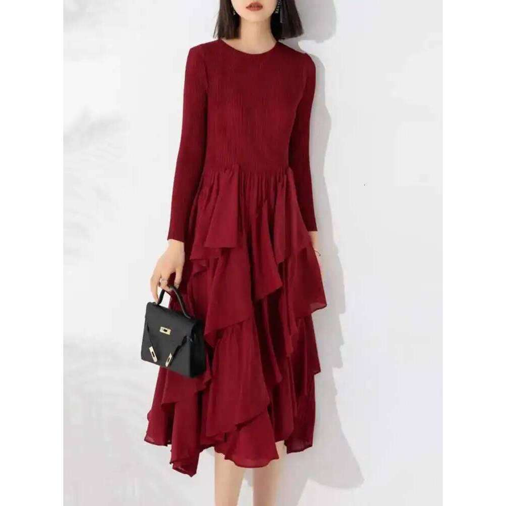 LANMREM Elegant Pleated Dress For Women Round Neck Long Sleeves Ruffles A-Line Dresses Fashion 2025 Spring New 32C2026
