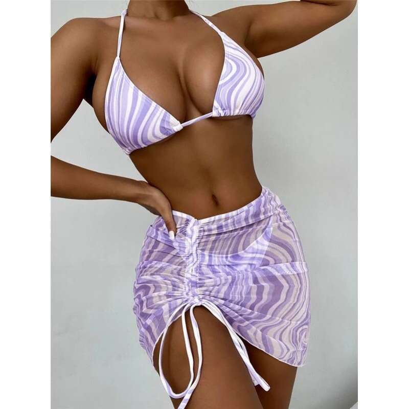 Hot selling split women's sexy striped swimming strap mesh bikini three piece set swimsuit 2025 new casual versatile fashion clothing