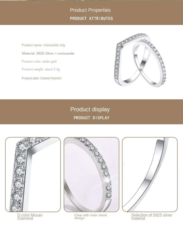 9 Factory Direct Sales Fine Jewelry S925 Sterling Silver D Moissanite Diamond V Shaped Stacking Bands Row Ring for Women Gift