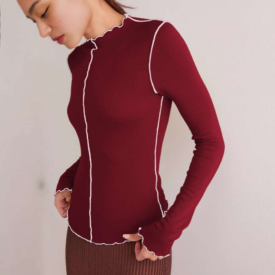 Patchwork Slim Fit Long Sleeve T-Shirt Top Design Sense Base Shirt Color Block Women's Ruffled Edge 1062