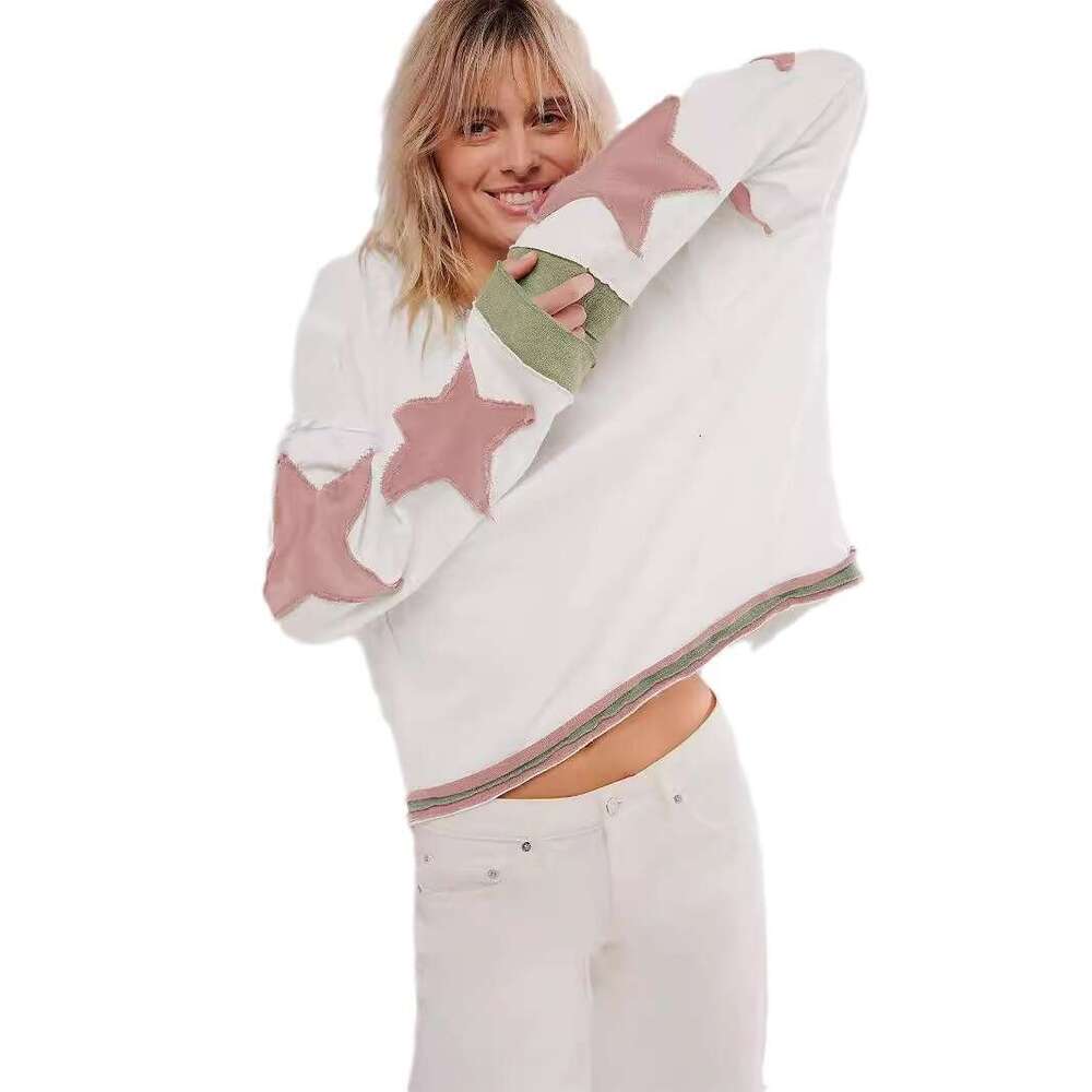 2025 Autumn Color Block Women's Fashion Long Sleeve Top Drop Shoulder Round Neck Star Decorated Line Sweatshirt
