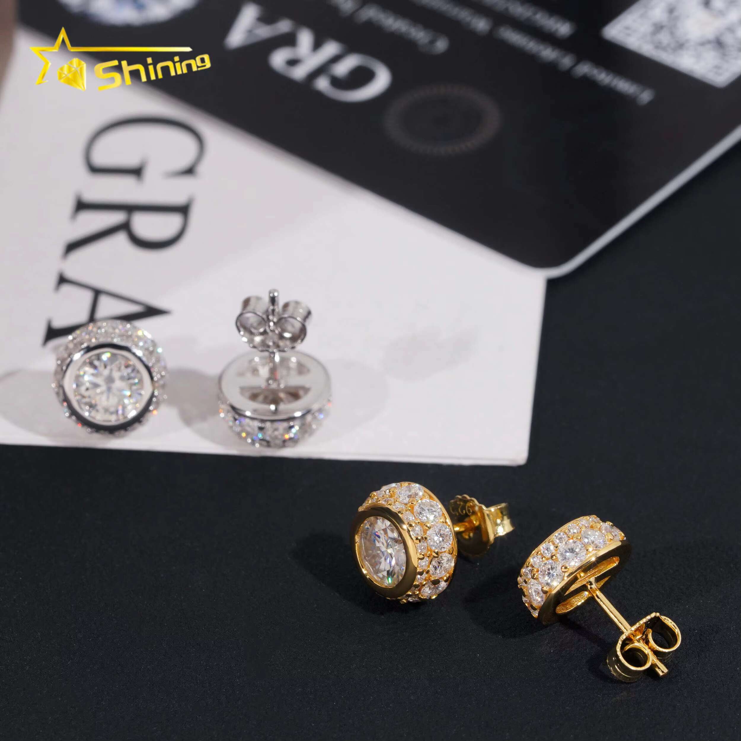 Hip Hop Luxury Gold Plated Bezel Setting 1ct Diamond Mens Silver Iced Out Moissanite Earrings