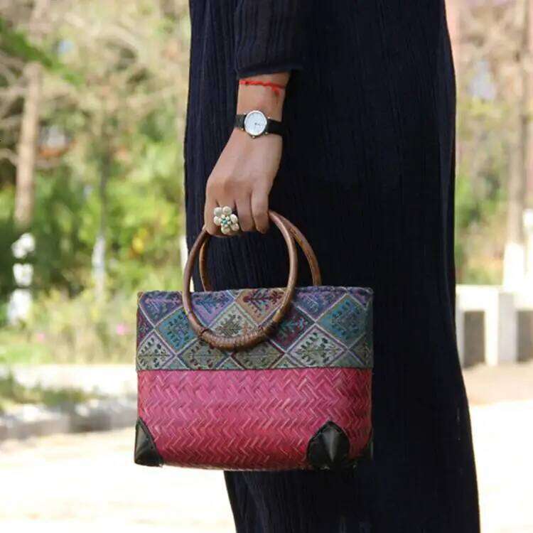 New retro Japanese handmade grass and bamboo bag designer large capacity women's storage woven rattan handbag