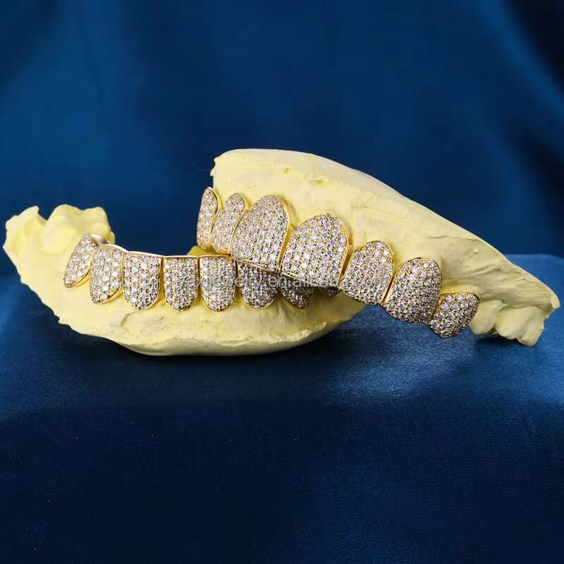 Custom Top Bottom 8 S925 Silver Yellow Gold Plated Solid VVS Moissanite Lab Diamond Bling Perm Cut Teeth Grillz for Men Women