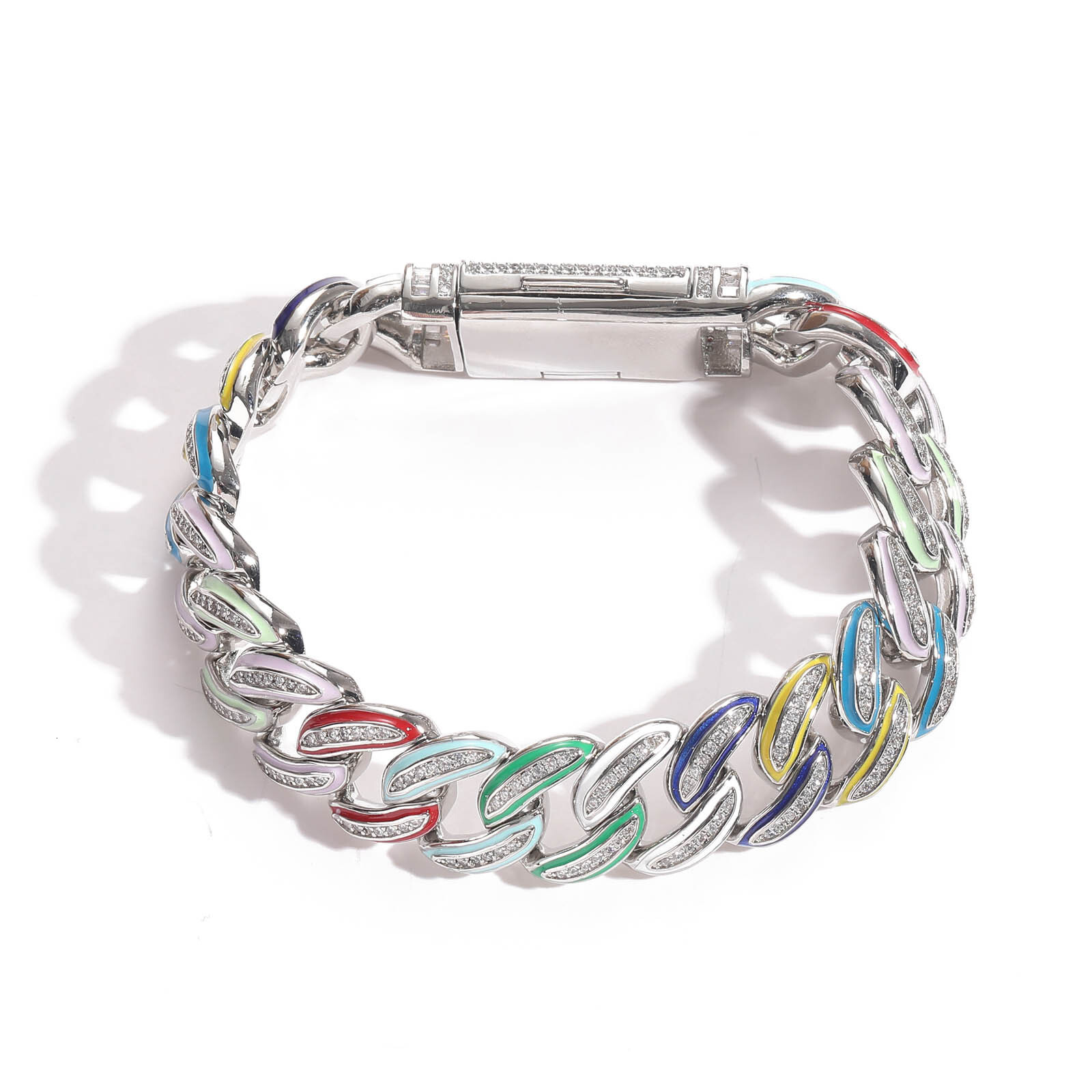 Hip Hop Meisa New 15mm Colorful Oil Drip Cuban Chain High-end Copper Inlaid Moissanite Trendy Bracelet Niche Jewelry moissanite
